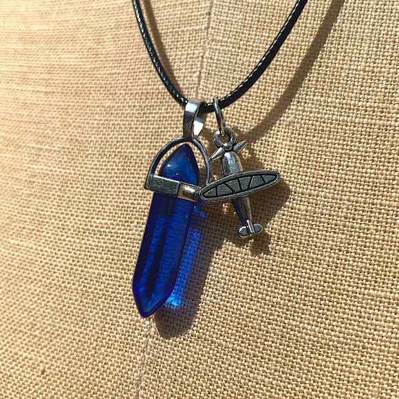 Hand Crafted Jewelry - Handmade Cobalt Blue Resin Crystal Amulet Necklace & Airplane Charm
